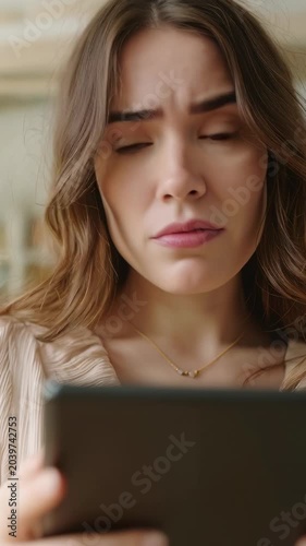 Frightened young woman reading shocking news on her tablet at home, her facial expression changing from curiosity to fear and disbelief as she processes the disturbing information on the screen