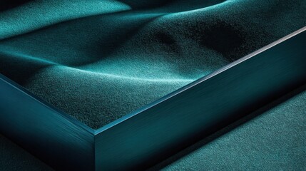Abstract composition features textured waves meeting a sharp metallic edge in deep teal tones