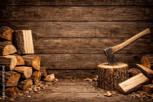 Rustic axe stuck in log with split firewood pile against weathered wooden wall