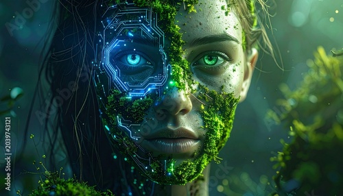 A biopunk-inspired portrait of a human face merging seamlessly with glowing circuit patterns and organic moss.