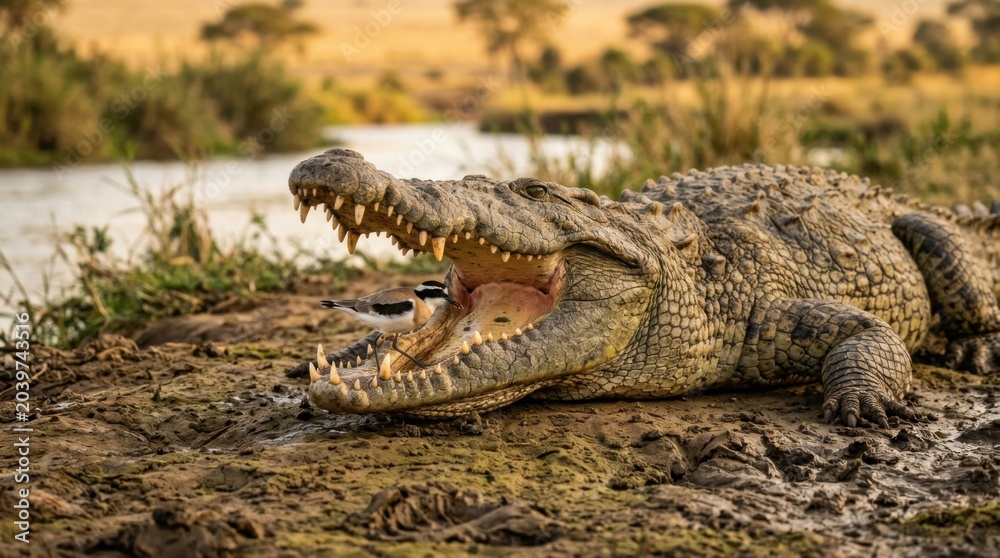 Obraz premium Large Crocodile with Open Mouth Resting Near Waters Edge in Natural Habitat.