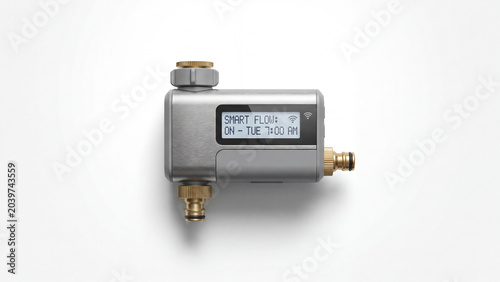 Smart water flow device with digital display against white background