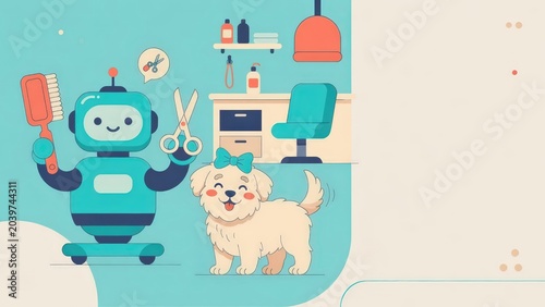 An illustration of a robot grooming a happy dog, perfect for digital marketing, advertising pet care services, and technology integration in animal care businesses, with ample copy space.