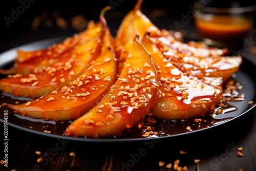 Dessert with caramelized pear on a plate.