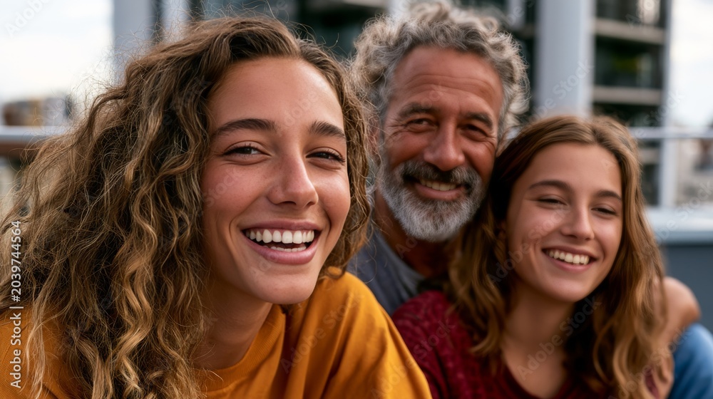 Fototapeta premium Three generations of a happy family smiling together outdoors on a sunny day