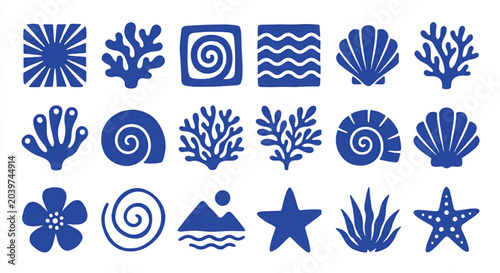 Quadro em tela Nautical blue linocut icons set, 18 hand-drawn ocean life vector elements, organ