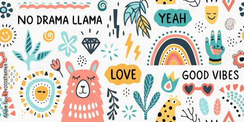 Tableau sur toile boho doodle art pattern with colorful llama