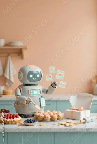 A charming robot bakes assorted desserts, visualizing AI integration in food preparation, smart kitchen technology, and automated culinary processes for modern business solutions.