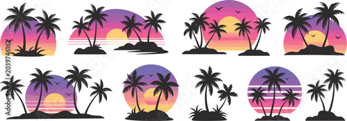 Cuadro en lienzo Tropical island sunsets with palm trees and birds in silhouette against vibrant