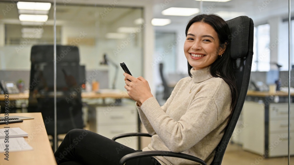 Fototapeta premium Smiling businesswoman relaxes in office chair while checking smartphone during workday.
