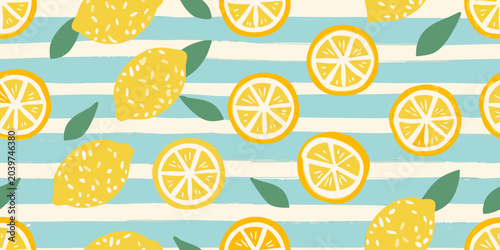 lemon citrus stripe pattern on blue and white