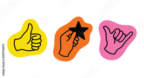 Photos Minimalist hand gesture icons set, colorful thumbs up and shaka sign stickers, h