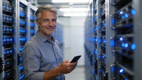 Experienced technician smiles while holding smartphone in illuminated server room