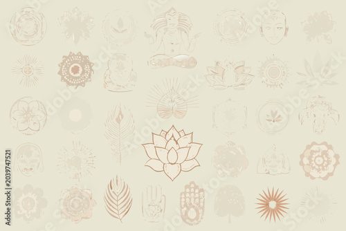 Tableau sur toile spiritual boho icons vector pattern lotus feather