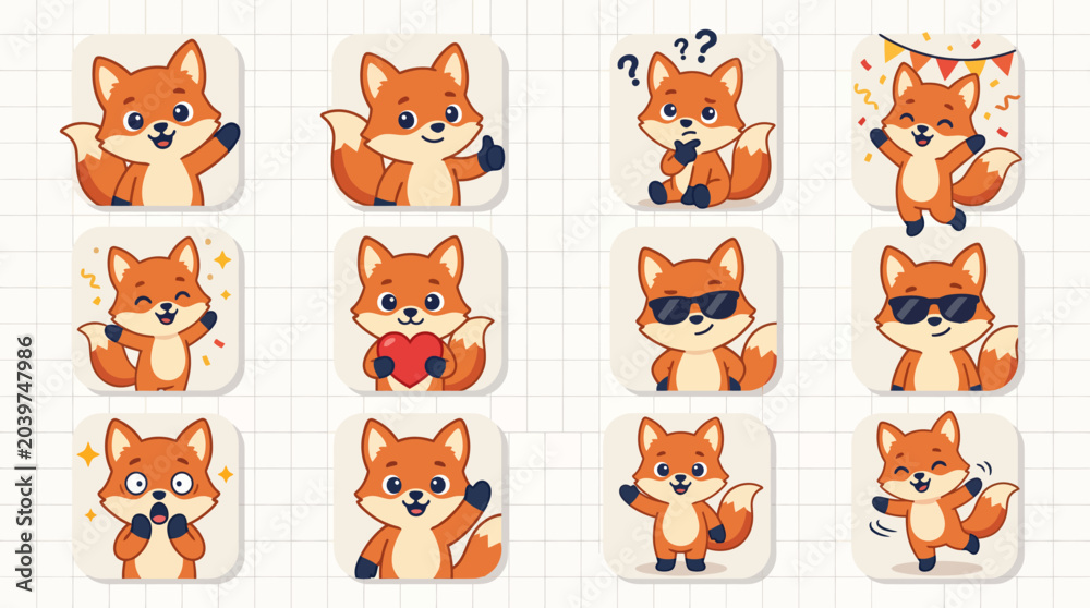 Fototapeta premium Red fox character stickers in various expressive poses and moods