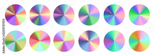 Foto Set of circular holographic gradient circles are arranged in two rows across a white background