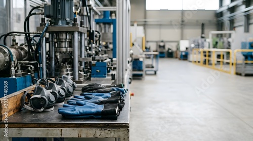 industrial safety equipment station with protective respirator masks and work gloves supporting workplace compliance and occupational health standards