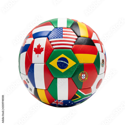 Soccer ball with flags of different countries national team symbols diverse sports competition international.