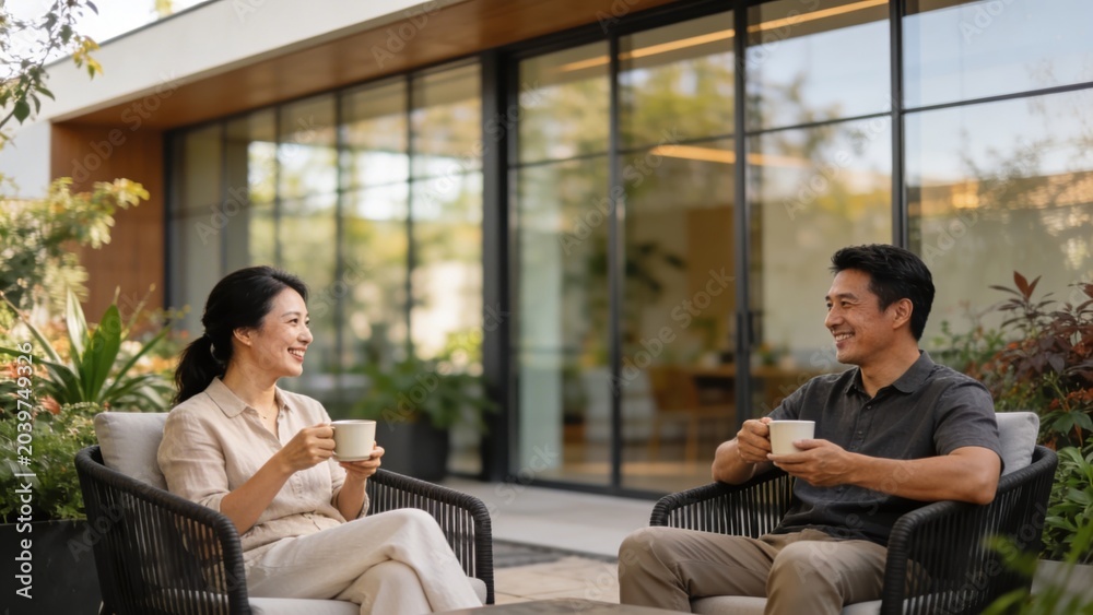 Fototapeta premium Smiling couple enjoys beverages together on patio of modern residence