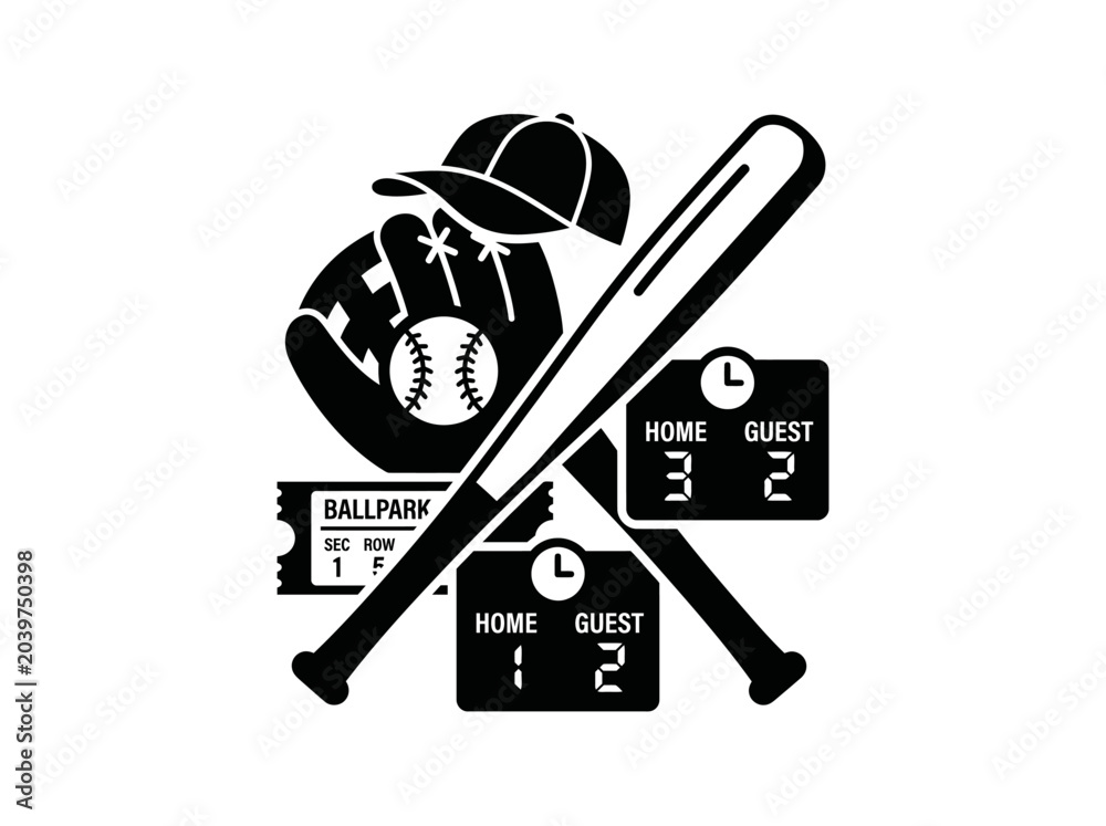 Fototapeta premium Black and white graphic illustration of baseball equipment including a bat, glove, ball, cap, tickets, and scoreboards.