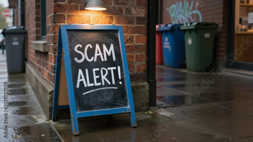 Scam Alert Chalkboard Sign on Wet Urban Street – Warning Sign Against Fraud and Deception for Travel Safety Blogs and Security Awareness Content