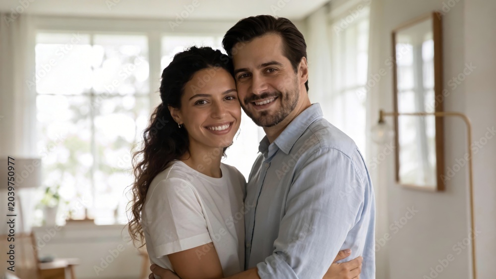 Obraz premium Couple shares warm embrace and smiles in sunlit modern living space.