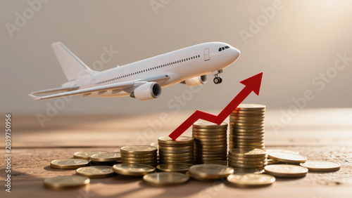 White Airplane Model Soaring Over Gold Coins and Growth Chart – for Financial Investment Concepts, Travel Cost Analysis, and Business Infographics