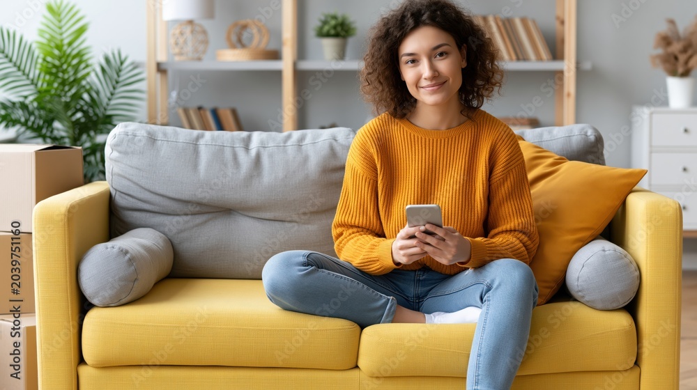 Obraz premium Young woman relaxing on a new yellow sofa while browsing her smartphone