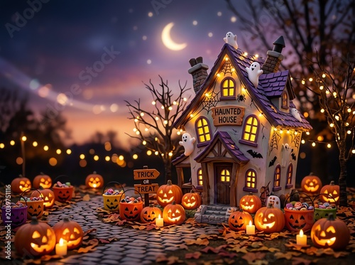 Halloween haunted house with glowing jack-o-lanterns under full moon at dusk