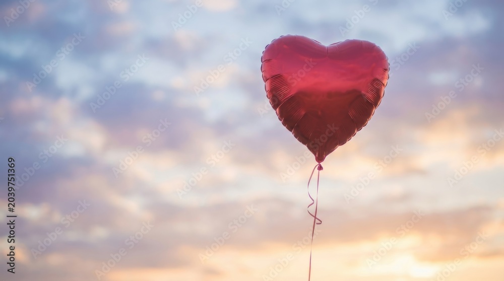Fototapeta premium Heart shaped balloon floats through dramatic clouds during colorful sunset