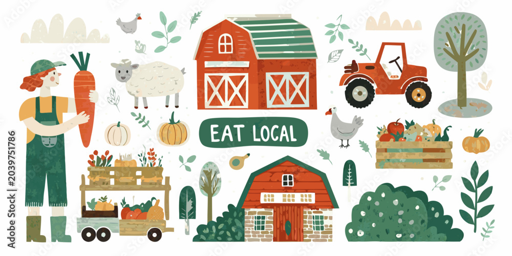 Naklejka premium farm scene with eat local sign vector