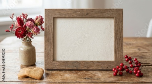 Wooden picture frame stands empty on rustic table beside ceramic vase filled with colorful blooms and seasonal berries plus heart shaped pastry