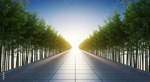 Endless road lined with trees leading to bright sun and sky, symbolizing journey and future.