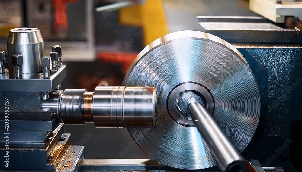 Naklejka premium a high speed industrial metal shaft rotates on a precision hining lathe within a brightly lit factory workshop