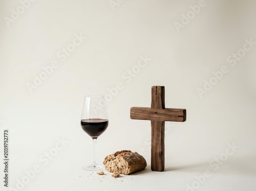 Communion wine glass and wooden cross with wheat on white minimalist background for Easter ritual