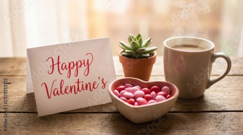 Romantic greeting card stands beside heart shaped bowl of pink candies and hot steaming drink on rustic wooden table near small green plant