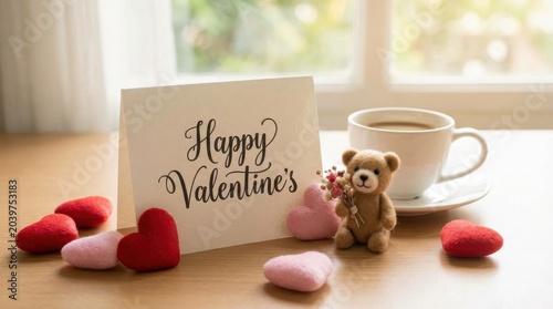 Greeting card with Valentine's message is displayed with teddy bear and hearts on wooden table
