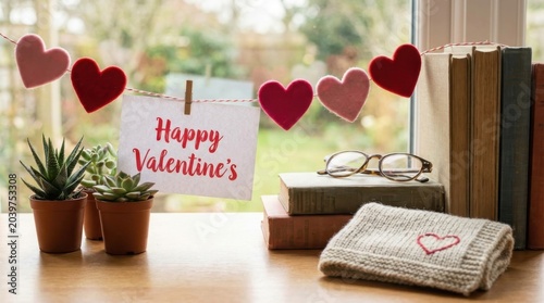 Valentine greeting appears on card surrounded by red hearts and cozy items on windowsill