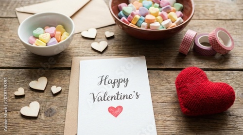 Greeting card with romantic message rests on rustic wooden surface beside knitted heart and colorful candies