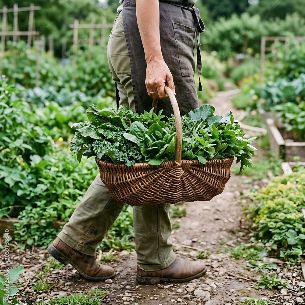 Fototapeta premium Woman carrying a basket full of fresh organic greens harvested from a lush garden, showcasing a healthy lifestyle and sustainable agriculture