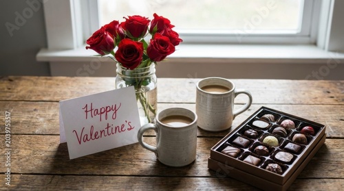 Wooden table holds romantic display of red roses in jar next to chocolates and coffee mugs with valentine card