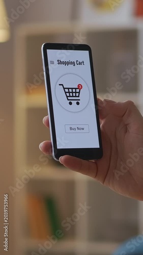 Online shopping process shown on smartphone with shopping cart containing three items and confirmation of order received after purchase
