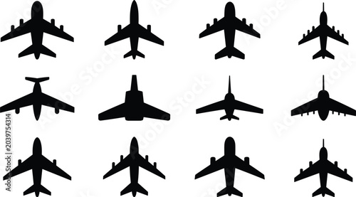 Tableau sur toile Airplane Top View Silhouette Collection with Commercial Jet Aircraft Icons and A