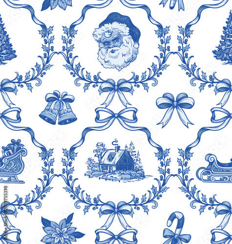 Vintage christmas toile graphic seamless pattern with santa sleigh ornaments cottages and festive decoration