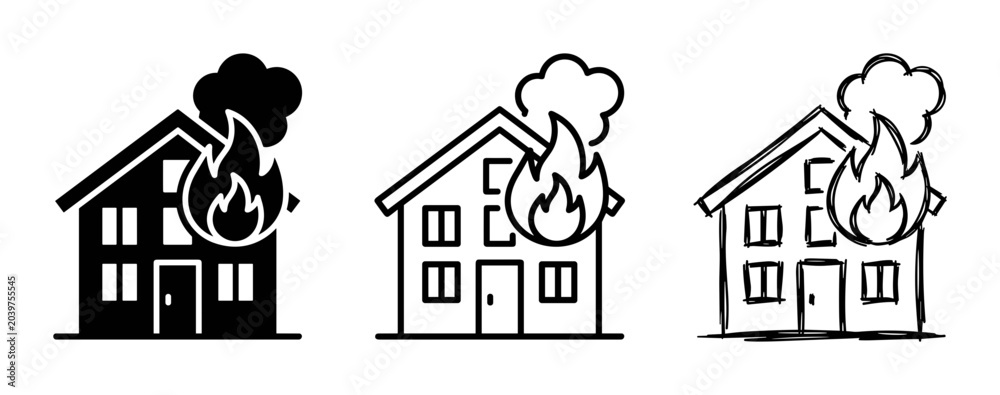 Fototapeta premium 3 House Fire Icons, Silhouette Outline Sketch, for Emergency Services