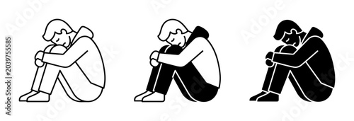 фотографія Sadness icons, person hugging knees, outline, solid, silhouette, for mental heal