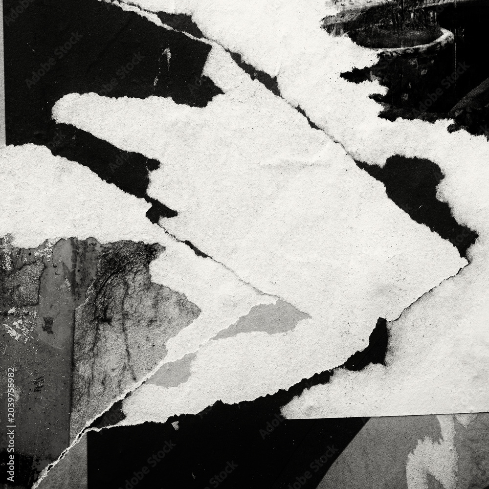 Fototapeta premium Old ripped torn black and white fly posters textures backgrounds grunge creased crumpled paper vintage collage placards empty space for text