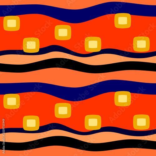 Abstract seamless background with multicoloured horizontal wavy stripes and yellow spots. Wallpaper, textile or paper print. Vector image.
