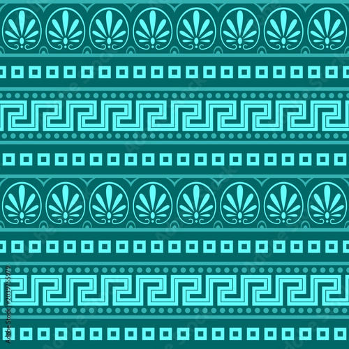 Seamless abstract Greek-style horizontal pattern in blue tones. Vector image.