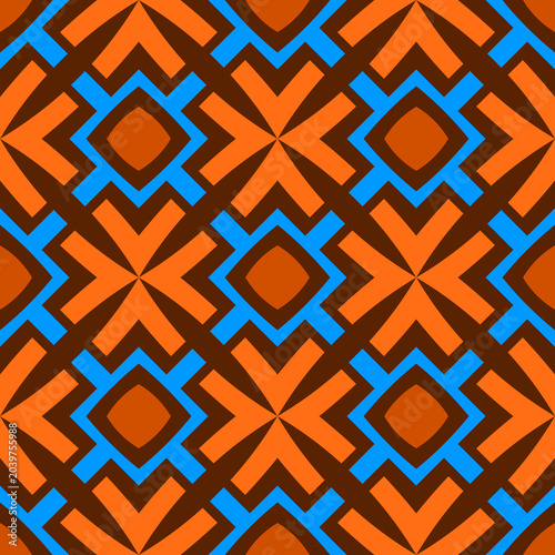 Beautiful ornament with cruciform pattern in blue and orange tones. Vector image.